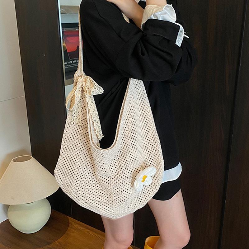 Simple Handmade Knit Shoulder Bag Bohemian Solid Color Crochet Tote Bag Large Capacity Hollow Out Woven Handbag Vacation