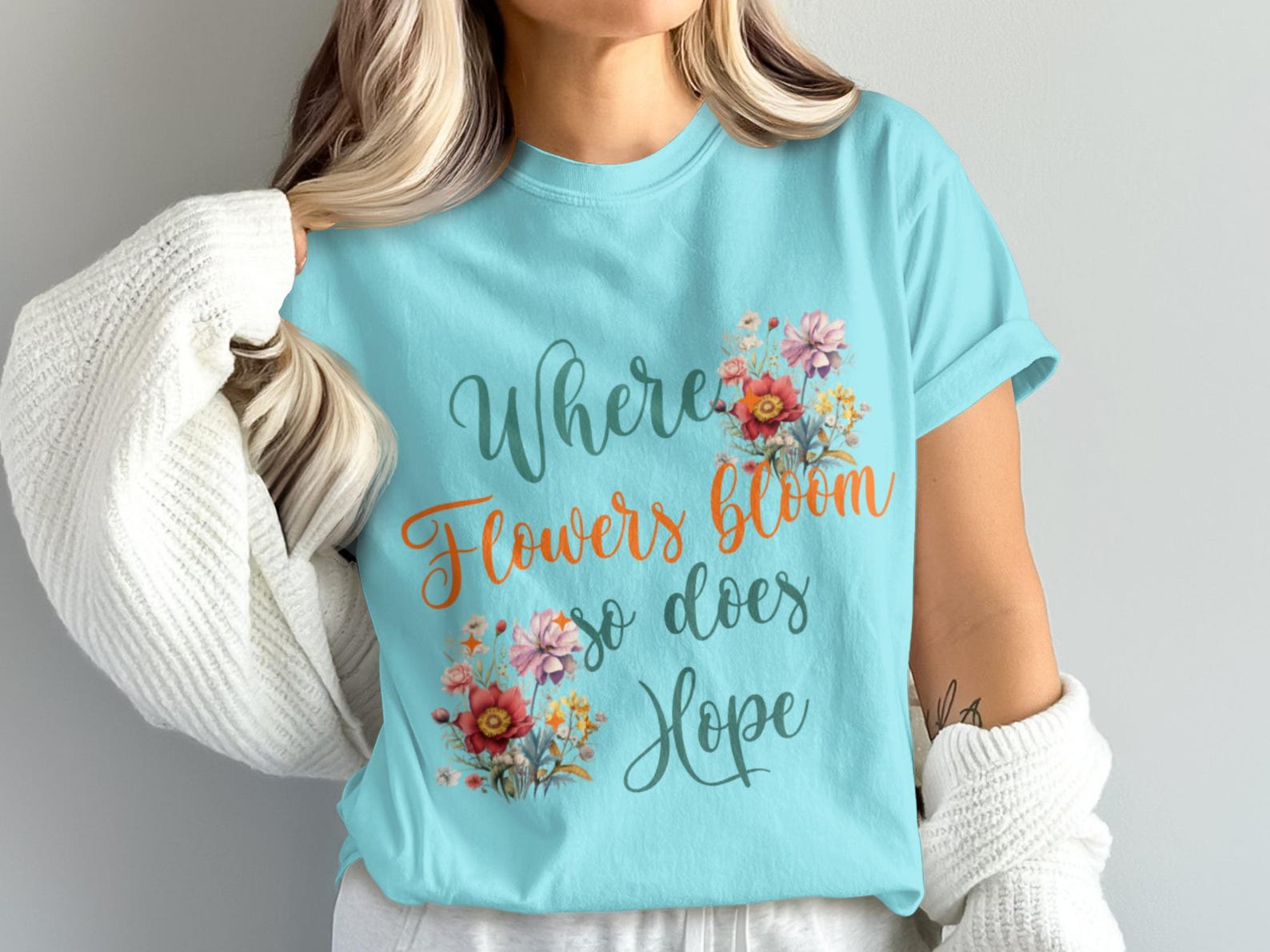 Floral Hope T-Shirt, Inspirational Botanical Quote Top, Uplifting Spring Summer Tee 2XL