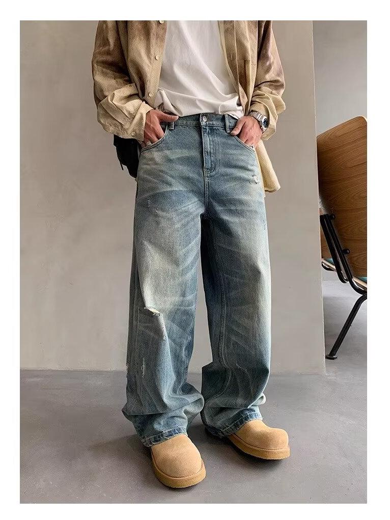 Men's Washed Distressed Wide-Leg Jeans - Retro American Street Style, Floor-Length, Perfect for Spring and Autumn