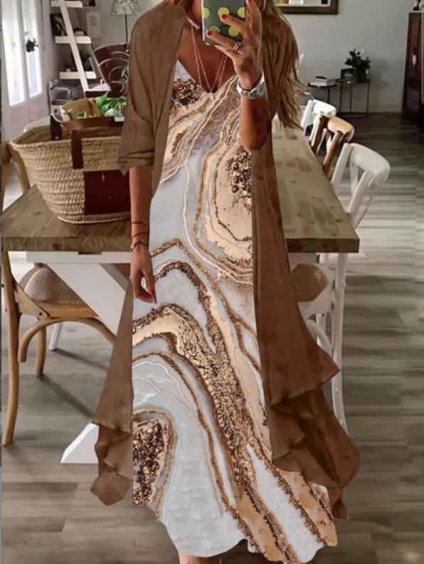 Abito estivo da donna con stampa per le vacanze, con bretelle, stile indiano, gonna svasata, set da due pezzi