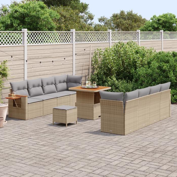 Ensemble de canapé jardin 11 pièces avec coussins Beige Rotin Acacia, Ensemble salle à manger jardin 3 pièces avec coussins 3365097
