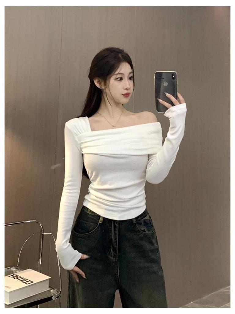 Pure Desire Asymmetrical One-Shoulder Top - Women's 2025 Winter Korean Style, Slim Fit Long Sleeve T-shirt