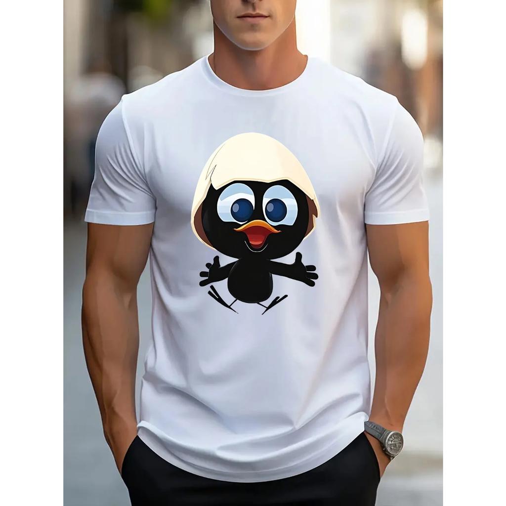 Men's Summer 100 Cotton Fashionable Casual Sports Loose and Interesting Cartoon Penguin Pattern Printed Round Neck Short Sleeved T-shirt