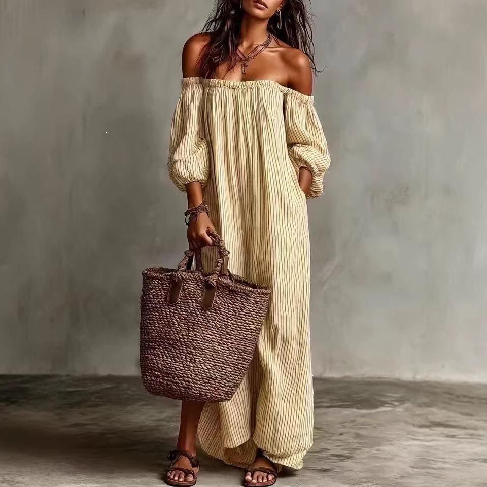 2026 European and American Independent Station Spring and Summer Women's Striped Shoulder Long Dress