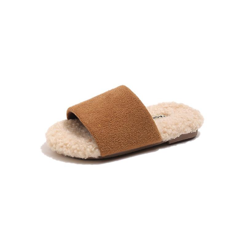 Children's Cotton Slippers Winter New Soft Bottom One-word Wool Slippers Female Students Versatile Warm Fluffy Slippers