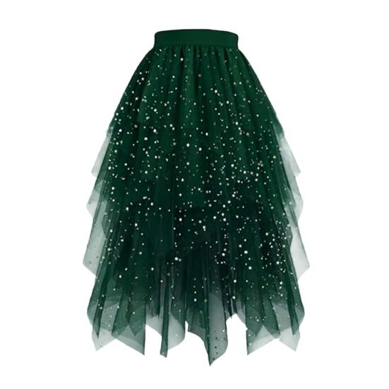 Damenrock Sternenhimmelmuster Doppellagig Mesh Hoher Bund Rock mit unregelmäßigem Saum Asymmetrisch Hoher Schlitz Party Auftrittsrock