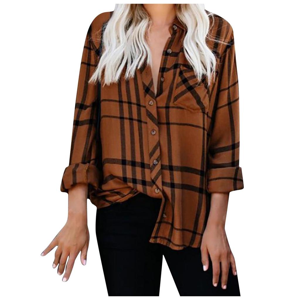 Women's Casual Loose Lapel Long Sleeve Plaid Printed Shirt Blouse Shirts Tops