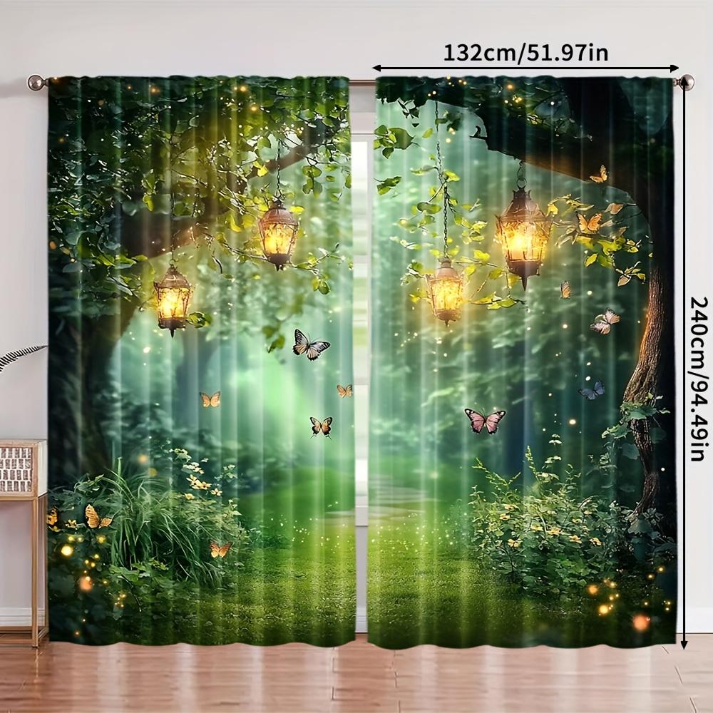 2 Panels Fantasy Forest Printed Curtains Lantern Butterfly Window Drapes Polyester Living Room Bedroom Home Decor