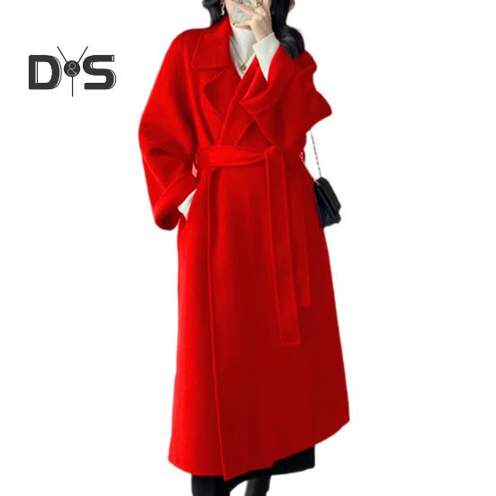 Sobretudo de inverno feminino com cinto, gola virada para baixo, bolsos, cardigan de cor pura, casaco de comprimento médio, mangas compridas, térmico, para deslocamento, namoro, casaco de inverno