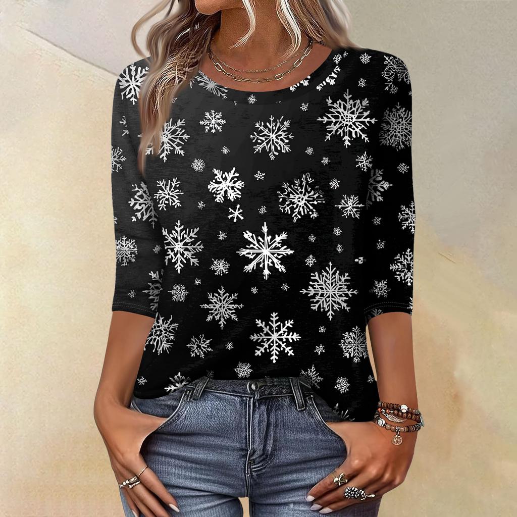 Women's Fashion Casual Christmas Tree Printed Round Neck Three-Quarter Sleeve T-Shirt Top