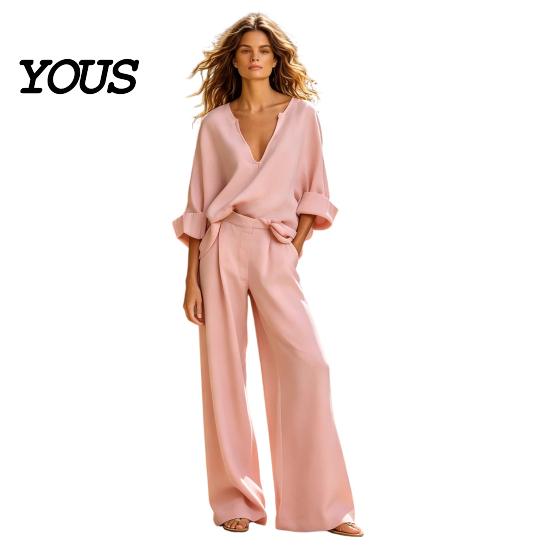 Lockere Passform Damenbekleidung Damen 2-teiliges Baumwoll-Leinen-Set, Langarm V-Ausschnitt Bluse Bequemes Outfit Und Weite Hosen Passend für Sommerurlaub