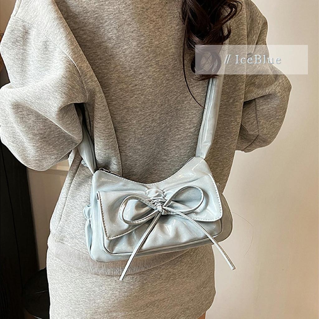 GOLWIS Ribbon Gathered Shoulder Bag with Small Handles, PU Leather, and Scrunchy Design. 2-Way Mini Shoulder Bag, Crossbody, or Handheld. Korean