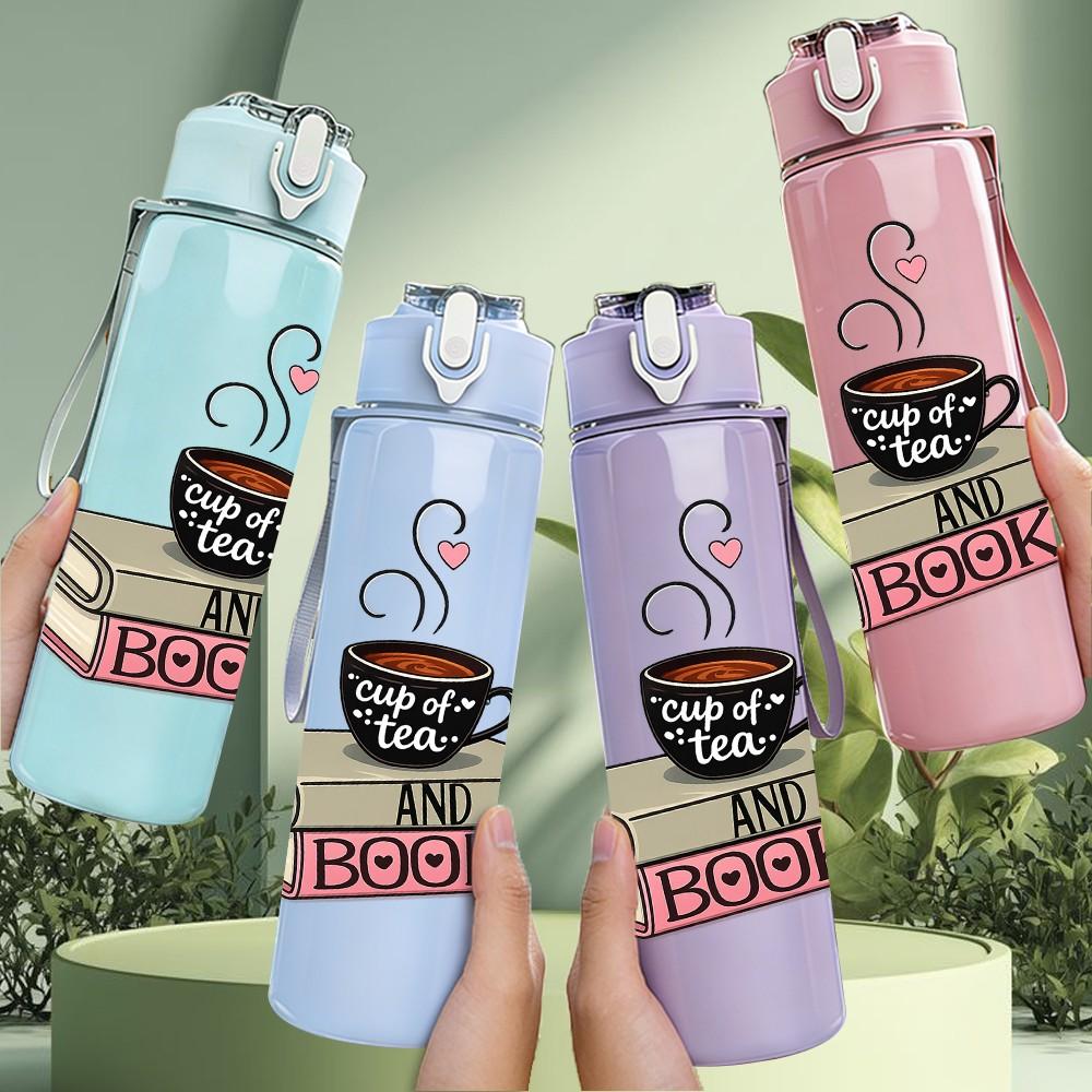1PC Coffee Cup Stack Book Art Print 750ml Color Plastic Sports Water Bottle Leakproof Flip Straw Lid Suitable for Sports Office Home Use