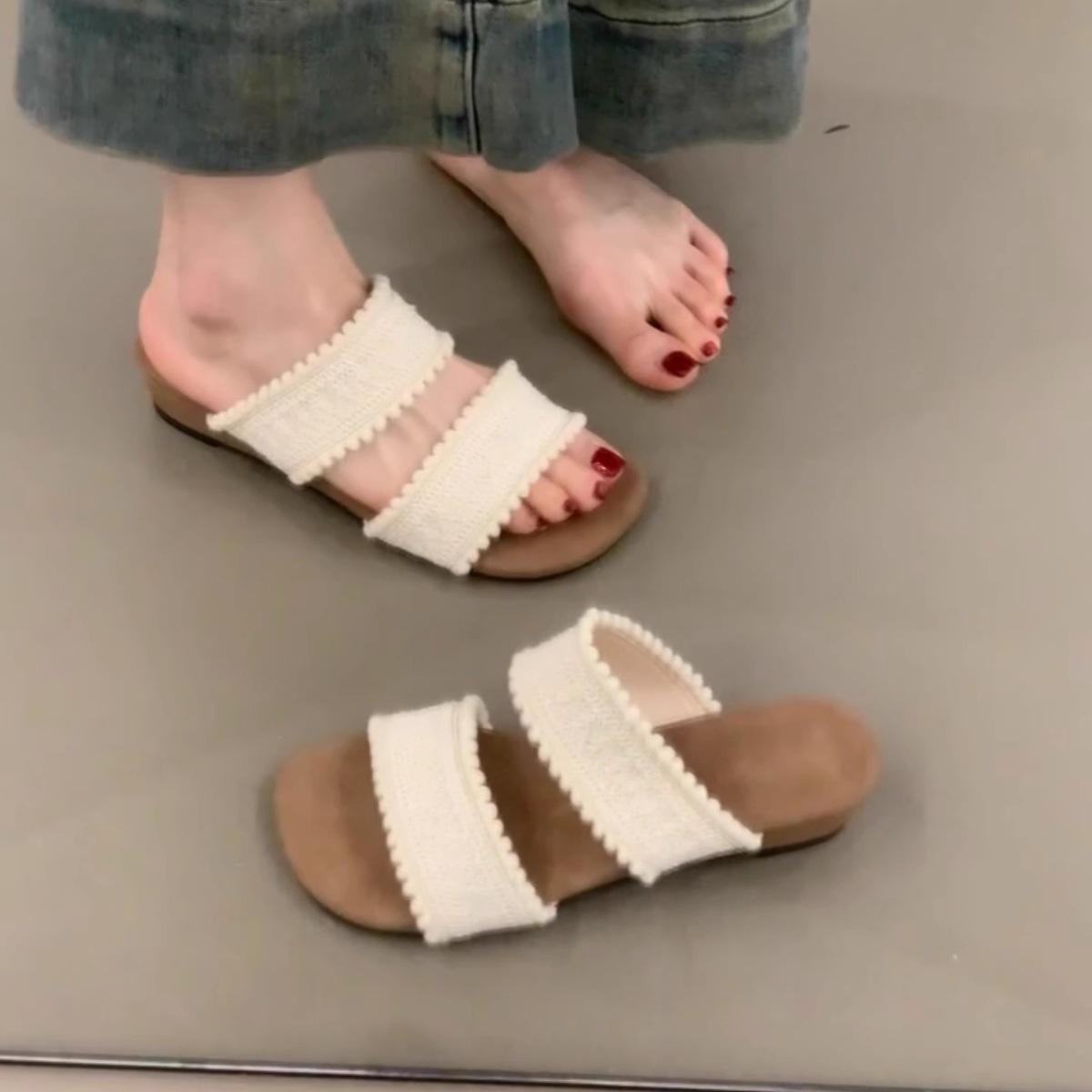 

Ретро стиль для отпуска, пляжная обувь на мягкой подошве для женщин, шлепанцы с толстой подошвой, круглым носком и открытым носком 40 абрикосовый