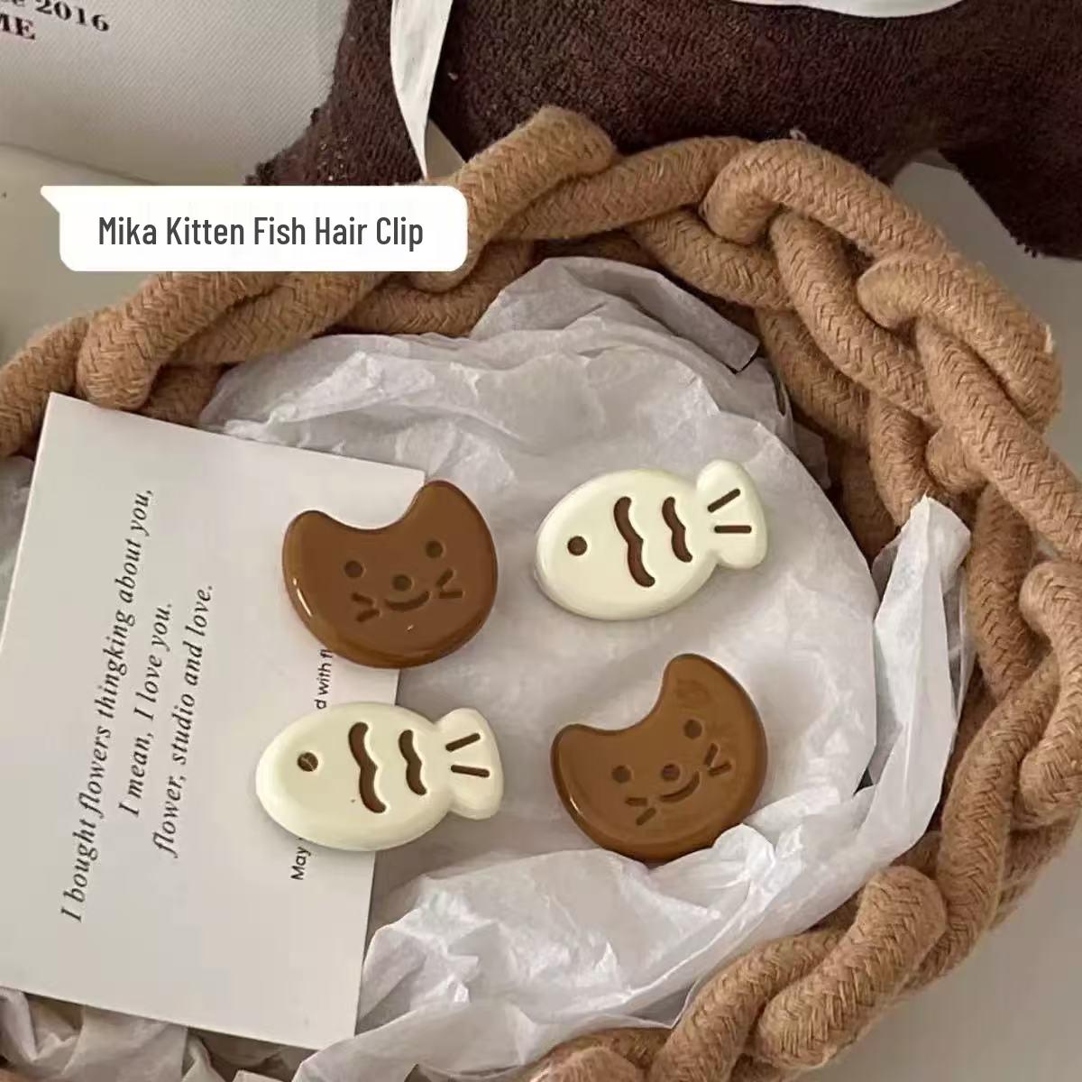 

Мокко Котенок Сердце и Рыбка Заколка для волос - Милая мультяшная заколка в японском стиле Blue Little Fish