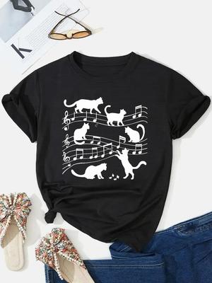 Music & Cat Print Crew Neck T-shirt Casual Short Sleeve Comfit Fit Top for Spring & Summer Women's Clothing