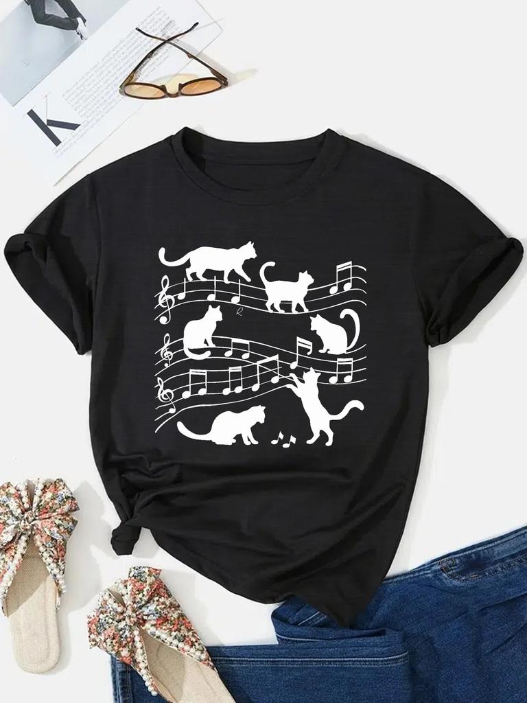 Music & Cat Print Crew Neck T-shirt Casual Short Sleeve Comfit Fit Top for Spring & Summer Women's Clothing