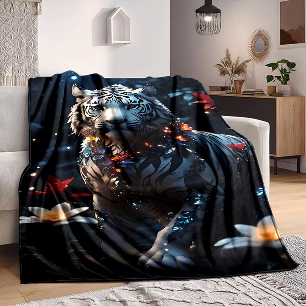 1pc White Tiger Print Blanket Lightweight Flannel Blanket Throw Blanket For Sofa, Bed, Travel, Camping, Livingroom, Couch, Chair, And Bed yy2509026222