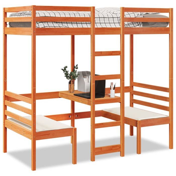 VidaXL Lit mezzanine avec bureau et chaises brun cire 90x200 cm pin, cadre de lit mezzanine, cadre de lit de cabine, cadre 3308555