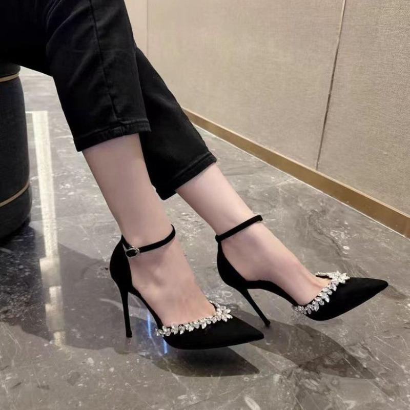 New Single Shoes Spring New Pointed Head Shallow Mouth Suede Sequin Metal Buckle A Line with Non-slip High Heels