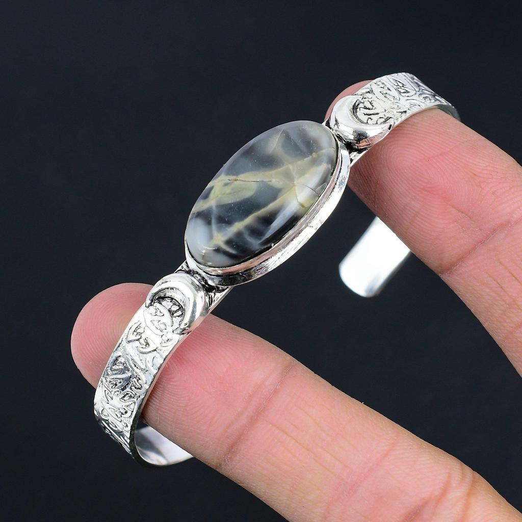 Fume Agate Stone 925 Sterling Silver Crescent Moon Anniversary Bangle Bracelet