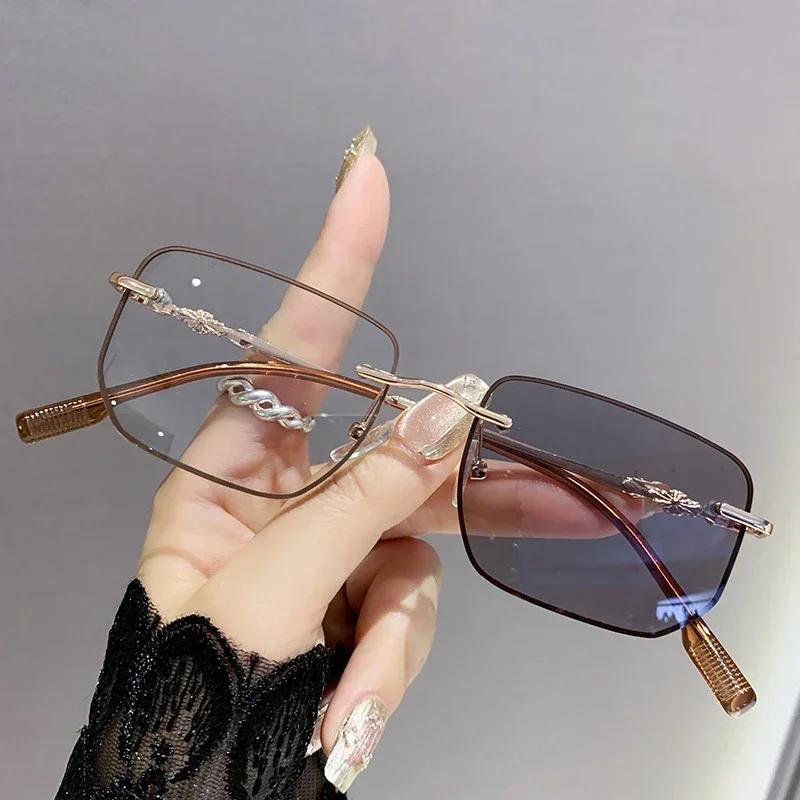 Retro Frameless Photochromic Women'S Myopia Glasses Fashionable And Luxurious Anti Blue Light Myopia Sunscreen Glasses