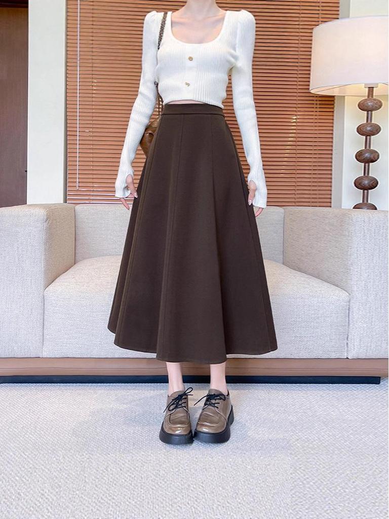 Evropská a americká vlněná áčková midi sukně - Korejský styl s vysokým pasem, Černý plisovaný design pro jaro/podzim