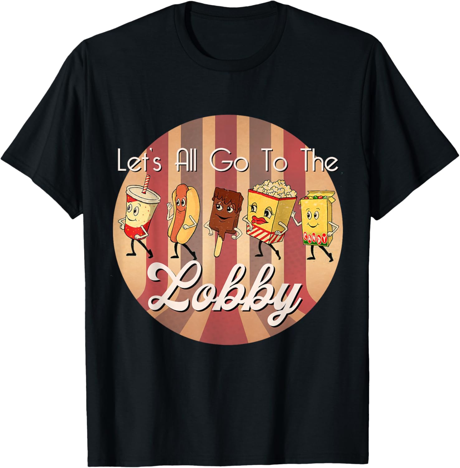 LET S ALL GO TO THE LOBBY Cute Retro Movie Theatre T-Shirt S разноцветный