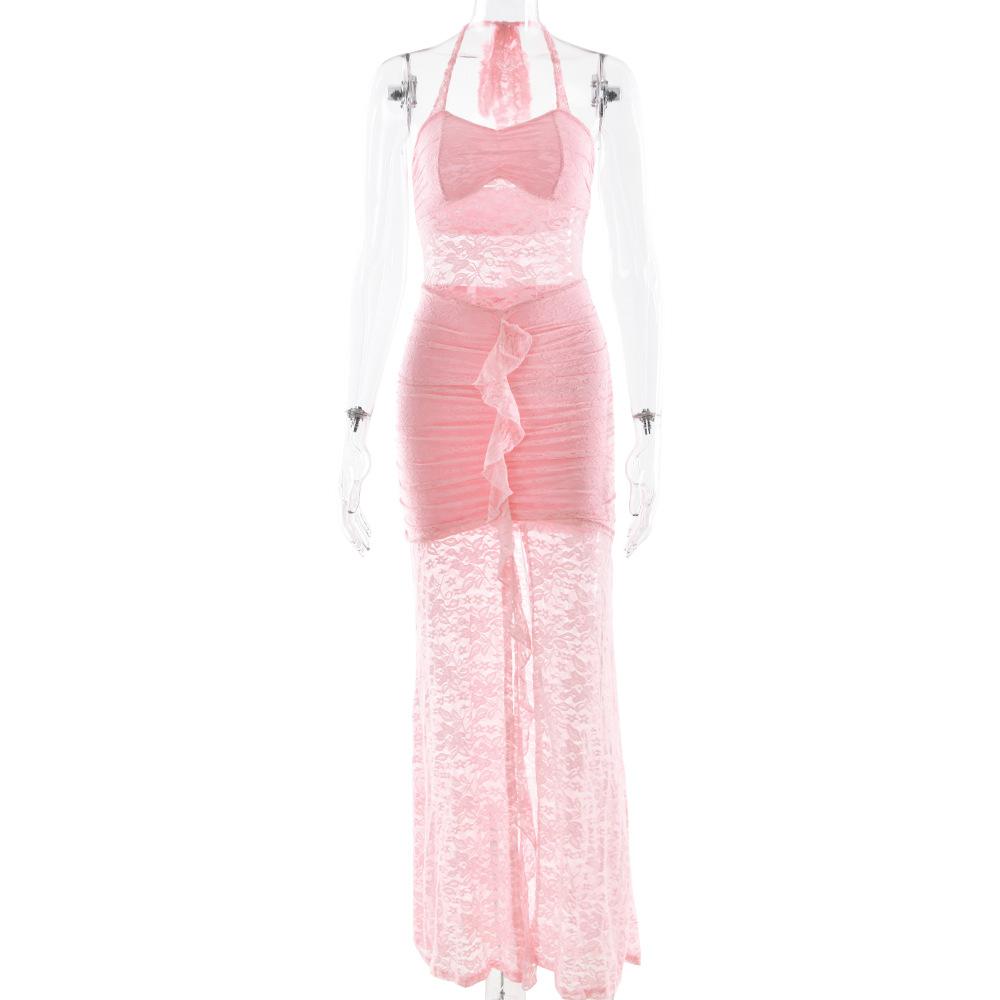 Damen Halter Ärmellos Maxikleid Figurbetont Hohe Taille Durchsichtige Spitze Raffung Hoher Schlitz Urlaubs-Party Langkleid