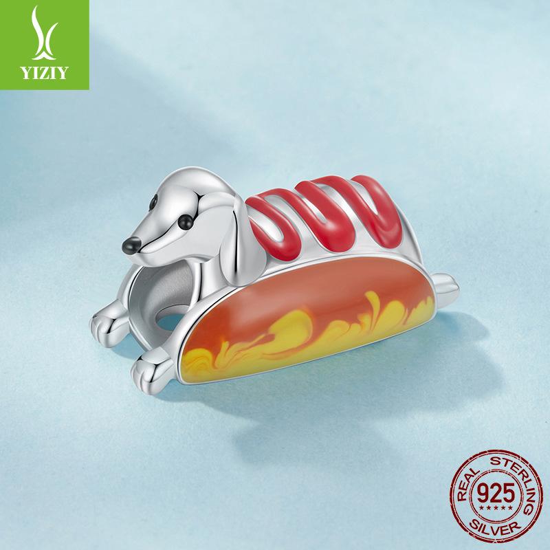 925 Sterling Silver Hot Dog Dachshund Dog Beaded, Playful Fun Puppy Diyc Accessories Charm