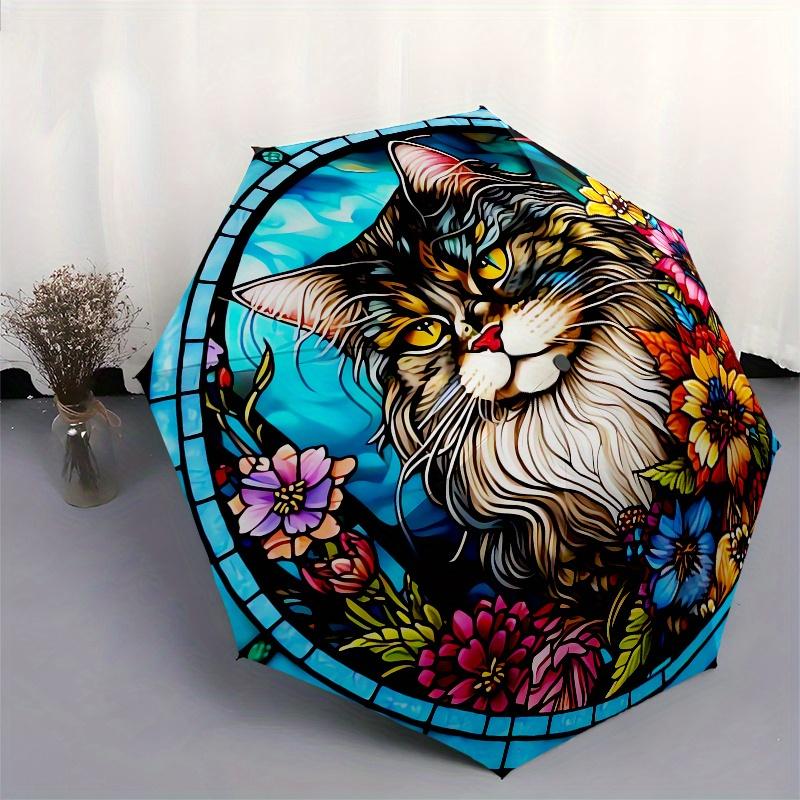 Stained Glass Cat Automatic Folding Umbrella 8 Ribs, Durable Iron Frame, Bright Color Pattern Compact Travel Umbrella, Suitable for Outdoor