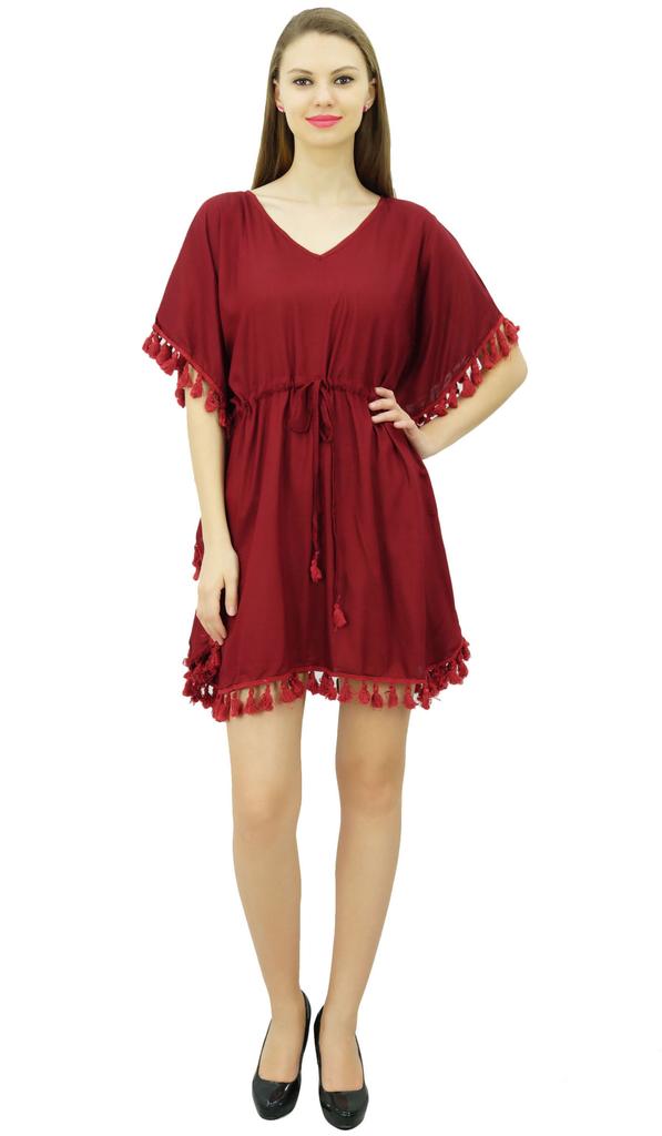 Bimba Women's V Neck Tassel Kaftan Short Rayon Caftan Designer Beachwear Coverup