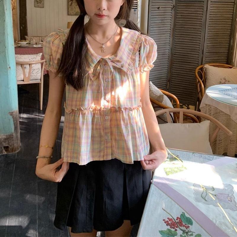 Summer Sweet Color Plaid Blouse Vintage Doll Collar Fashion Drawstring Women's Clothing Thin Casual Loose Single-breasted Shirt
