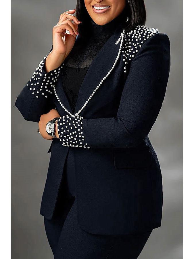 European & American Style Pearl Long Sleeve Slim Fit Stretch Suit Set