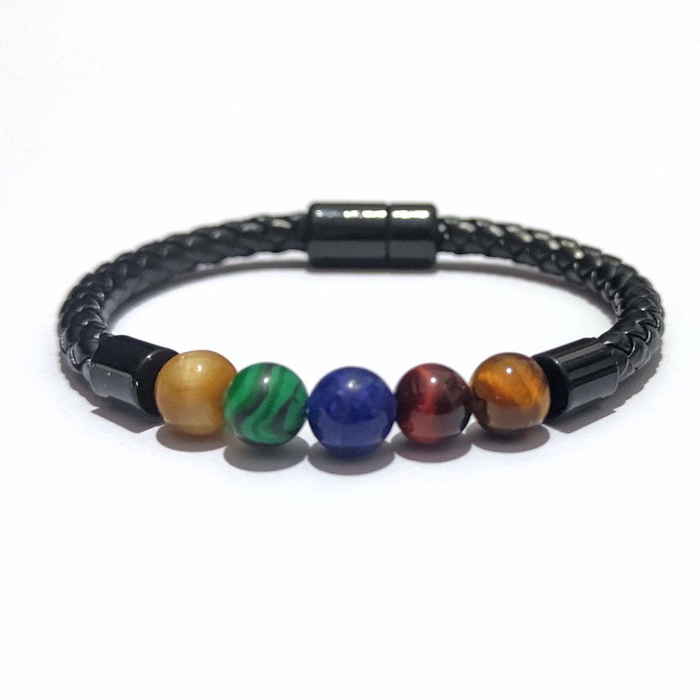 New Men's European American Style Stone Beaded Leather Bracelet with Magnetic Buckle