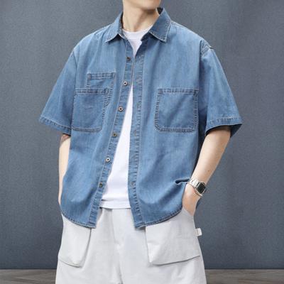 Yousheng Men's Short Sleeve Cotton Shirt Summer Button Down Lapel Denim Shirts with Pockets Casual Beachwear Top