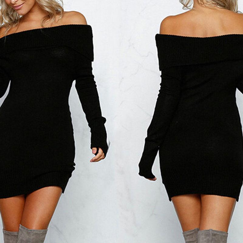 Slash Neck Sweater Women Sexy Off Shoulder Elegant Long Sleeve Pullover Dress