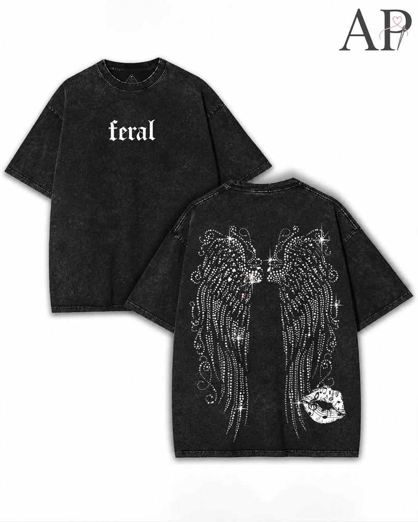 Feral Angel Wings Tee, Washed Black Graphic Shirt, Y2K Grunge Oversized Tee, Gothic Streetwear Shirt, Vintage Acid Wash Top