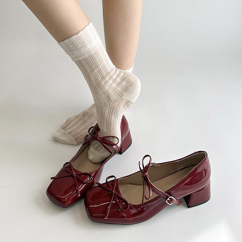 New Spring Autumn Women Mary Jane Shoes Fashion Butterfly-knot Shoes Street Style Casual Thick Heel Dress Leather Pumps