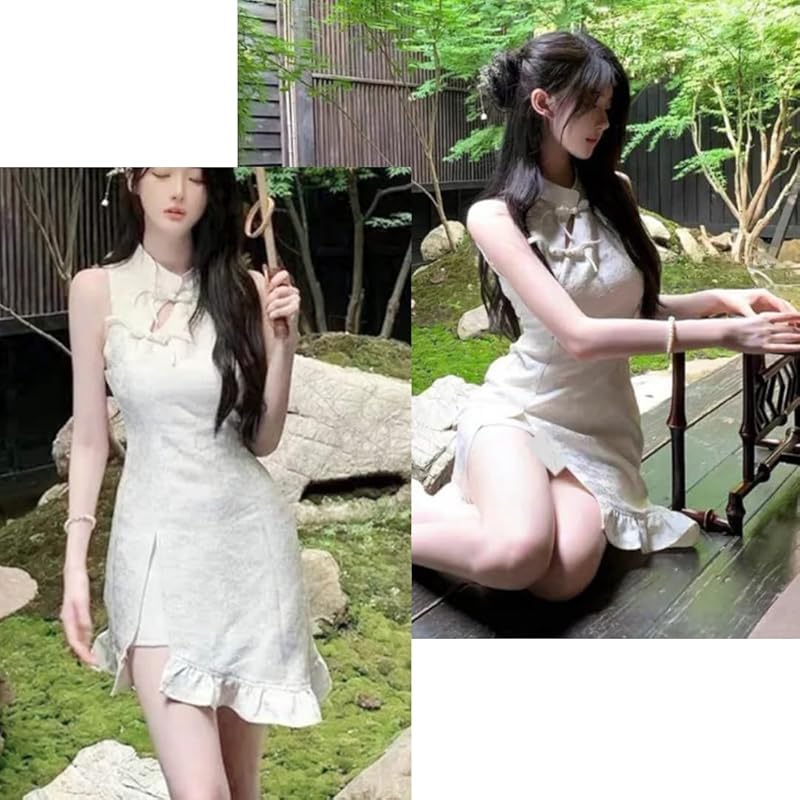 [Uccellino] Cheongsam Clothing Cheongsam Ruffle Cosplay Masquerade Lolita Sexy Mini Costume Masquerade One Piece (white, XL)