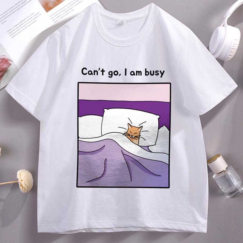 Sorry Cant I Am Busy T Shirt Soft Sleepy Funny Cat Cotton Tshirt Unisex Women Loose Japanese Aesthetic Tshirt Male Clothes