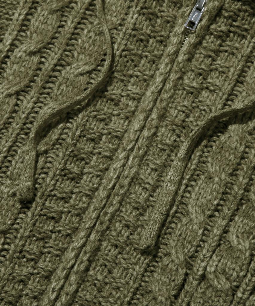 TRILLION Washable Aran Cable Hooded Zip-Up Knit (Khaki)
