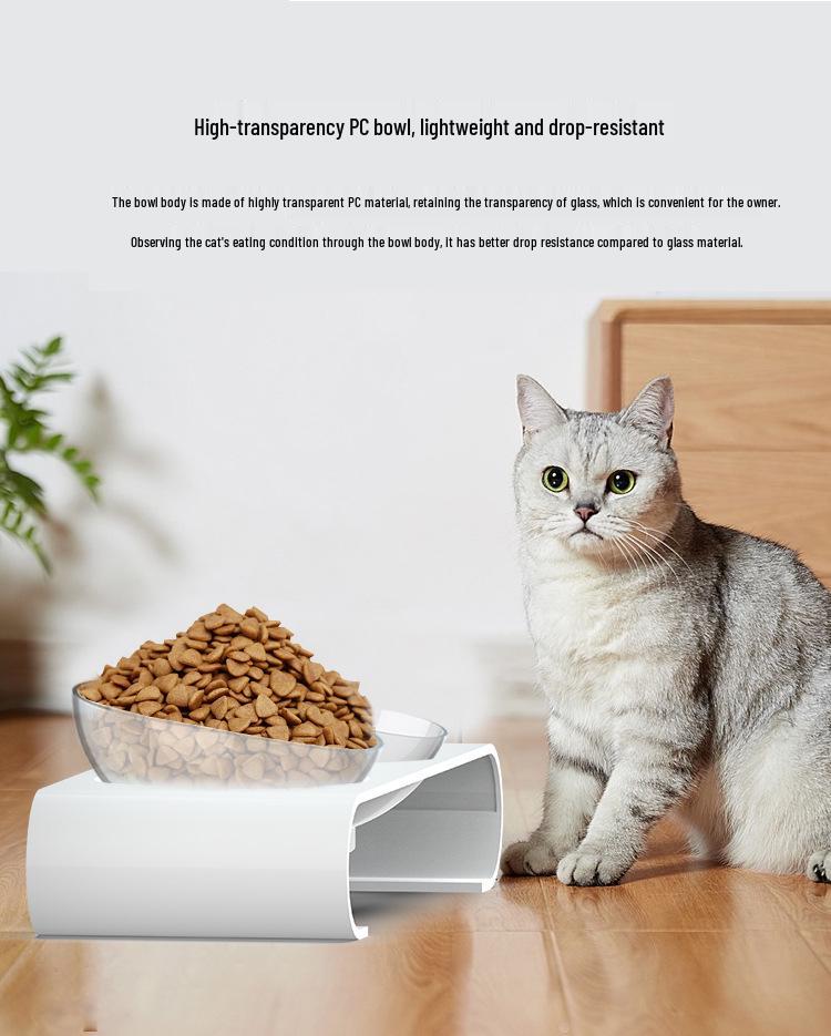 Pet Cat & Dog Transparent Double Bowl - Angled Food & Water Feeder with Neck Protection