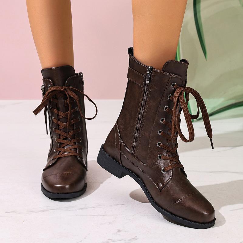Fashion Lace-Up Front Block Heel Single Boots Women's Fashion Round Toe Spliced Soft Sole Anti-Slip Wear-Resistant Short Shoe