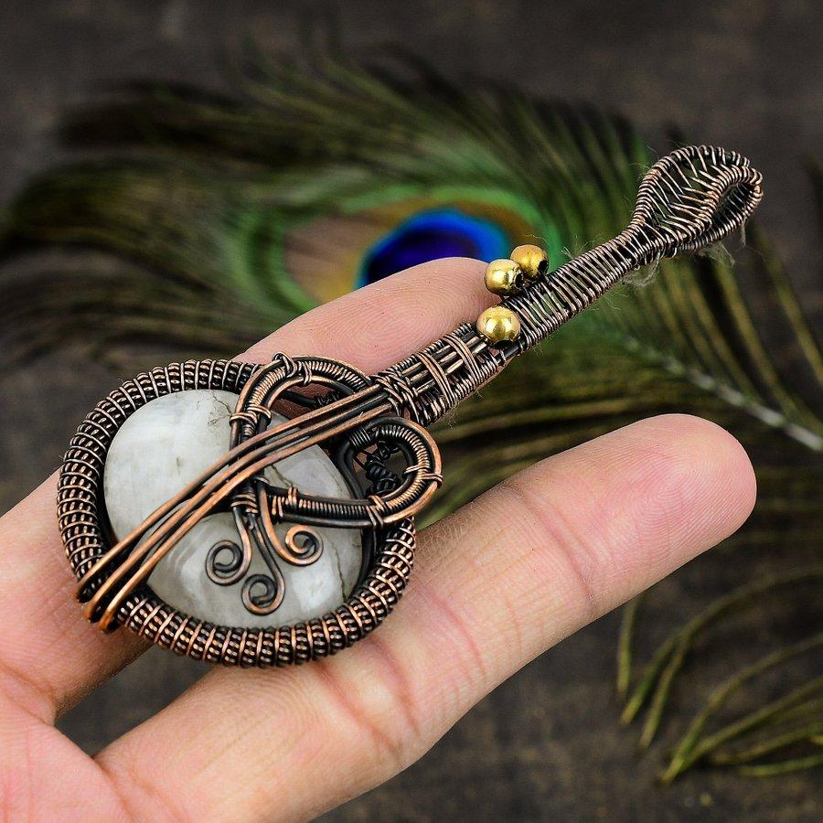 Rainbow Moonstone Handmade Copper Wire Wrap Jewelry Pendant 3.35 V1M89