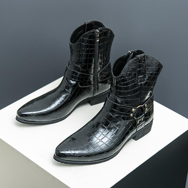 Trendy Snake Patterned Chelsea Boots for Men Genuine Leather Pointed Toe Zipper Short Boots Fashion Party Business Dress Shoes