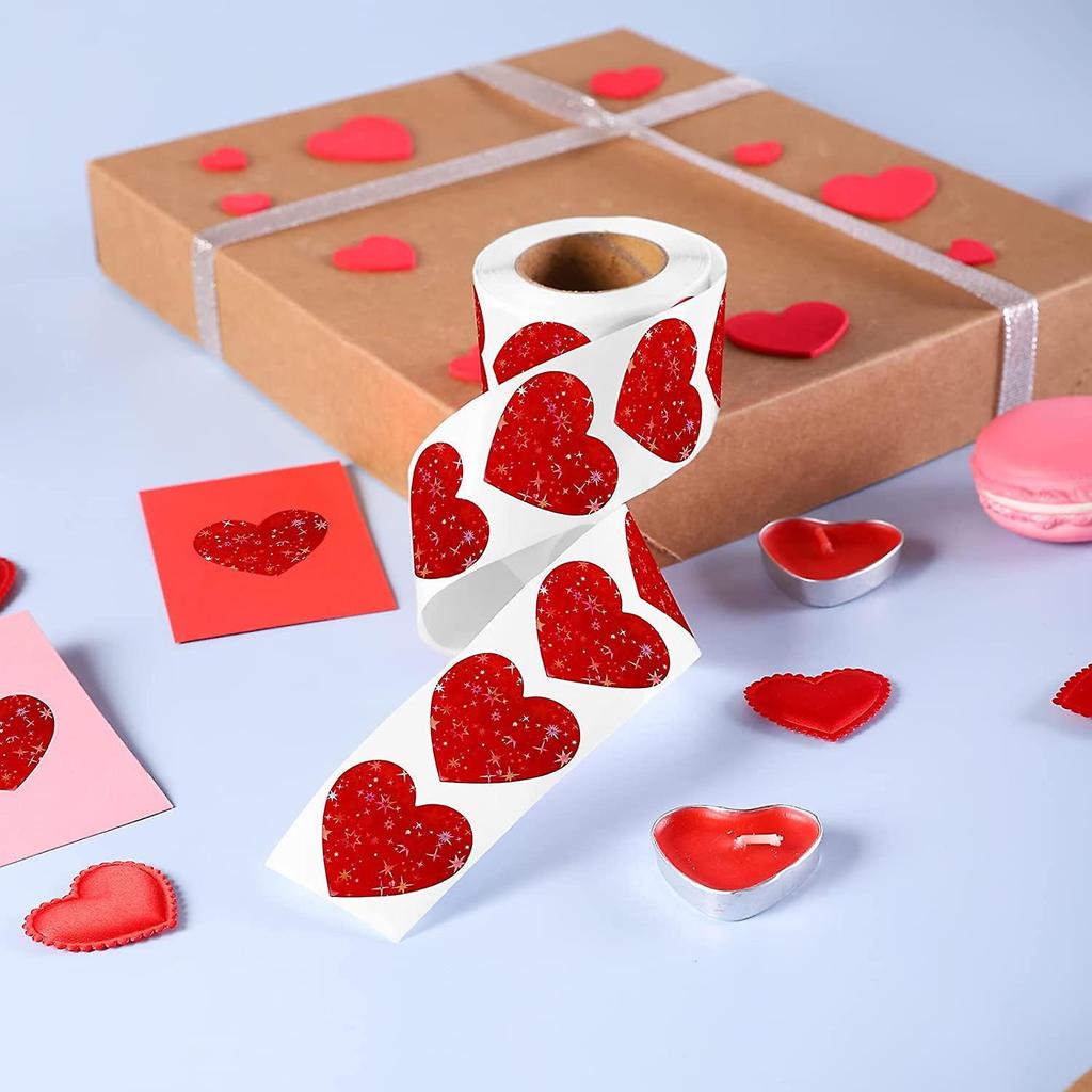 500 Pieces Valentine's Heart-Shaped Stickers Roll Glitter Heart Decorations Stickers Self-Adhesive Love Roll Stickers for Valentine, Anniversary, Wedd