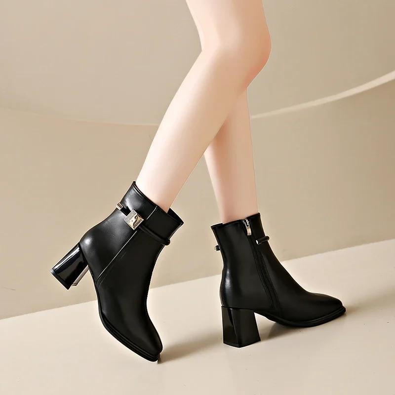 Fashion 2024 Hot Sale Shoes Female Side Zipper Women's Boots Fashion Metal Decoration Office and Career New Pointed Toe Ankle Boots