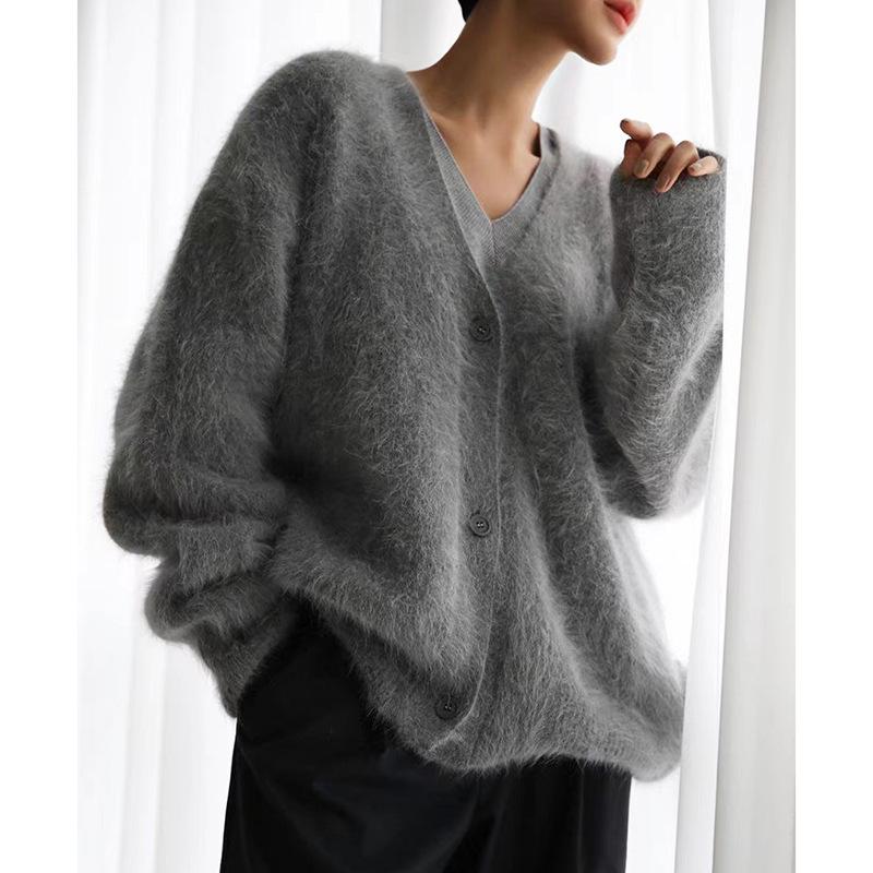 Women's French Retro V-Neck Faux Mink Sweater Coat - Single-Breasted Long Sleeve Loose Knitted Cardigan
