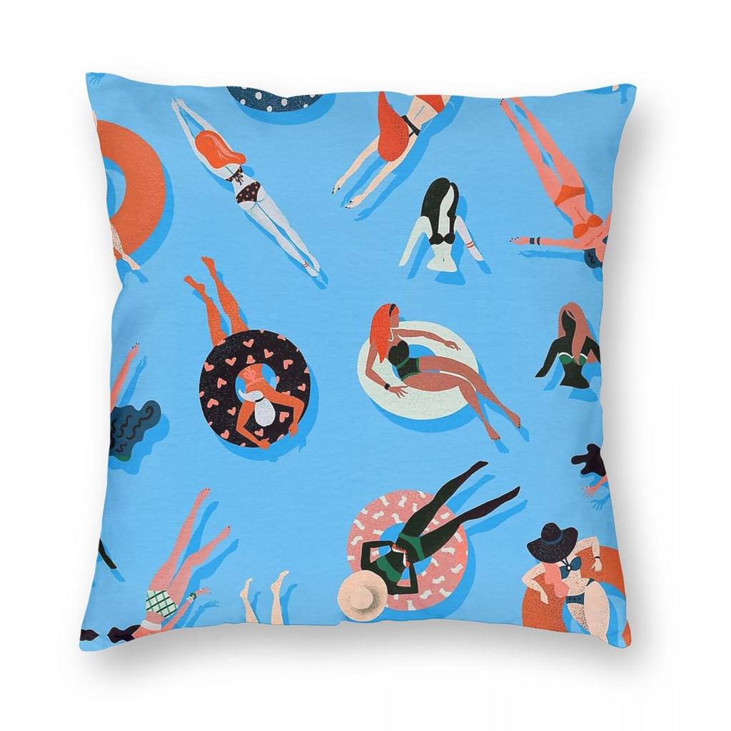 Swimming Ladies Coral Blue Square Pillowcase Polyester Linen Velvet Creative Zip Decorative Pillow Bed Cushion Cover Wholesale